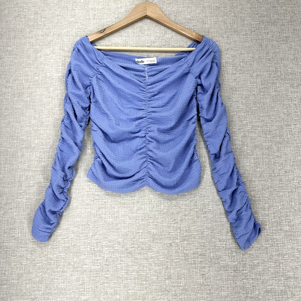 Elodie Shirt Womens Medium Blue Ruched Textured Long Sleeve Off Shoulder